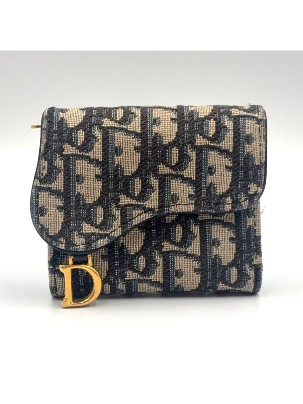 Dior Saddle Lotus Leather Canvas Navy Beige Trifold Wallet Gold
